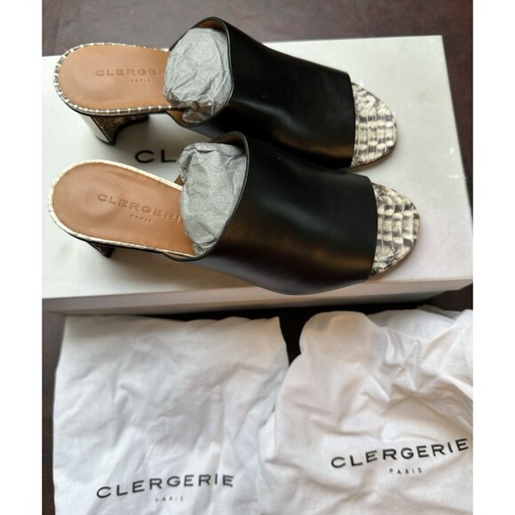 Clergerie Paris Women’s Slip On Heel Snake Size 7 New Black Leather Mirror Heel - Picture 1 of 10